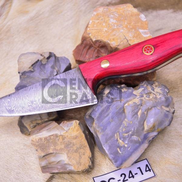 Handmade Damascus Skinning Knife: 8" Bonfire Pattern with Red Laminated Wood Handle
