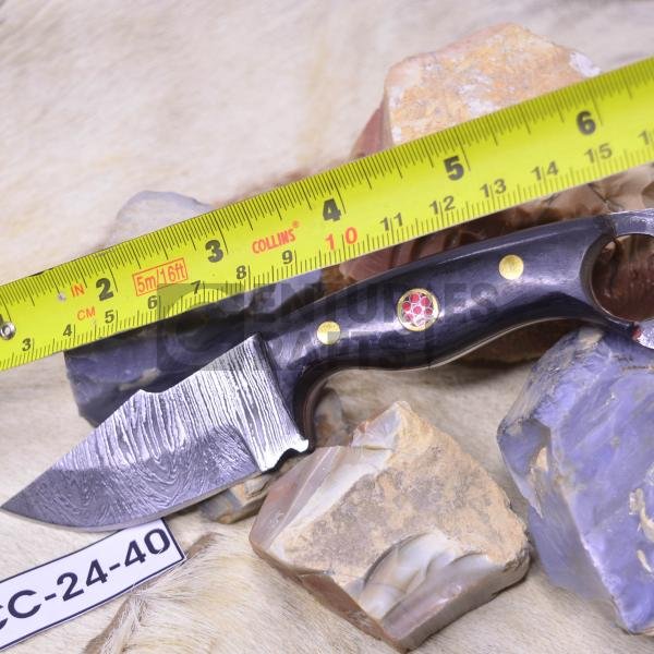 Handmade Damascus Skinning Knife: 6.5" Bonfire Pattern with Black Bull Horn Handle