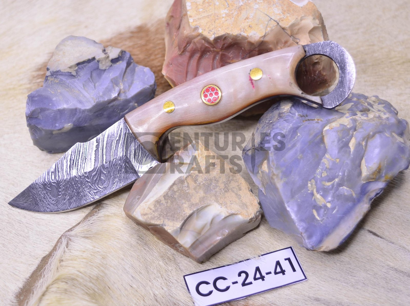 Handmade Damascus Skinning Knife: 2.5" Bonfire Blade with Ram Horn Handle